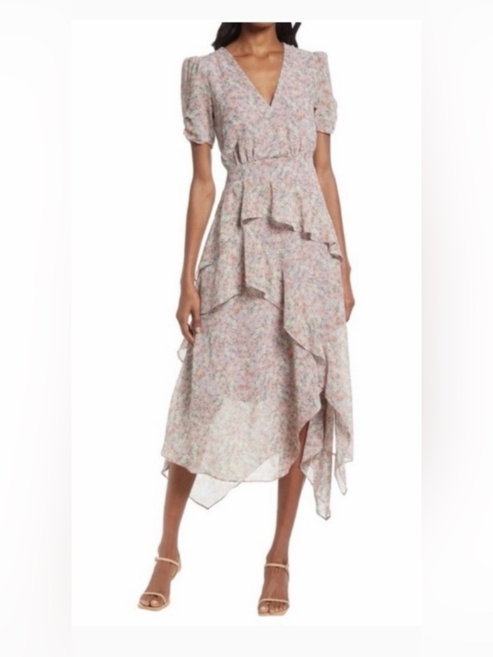 Floret Studios Asymmetrical Floral Ruffle Midi Dress in Light Pink